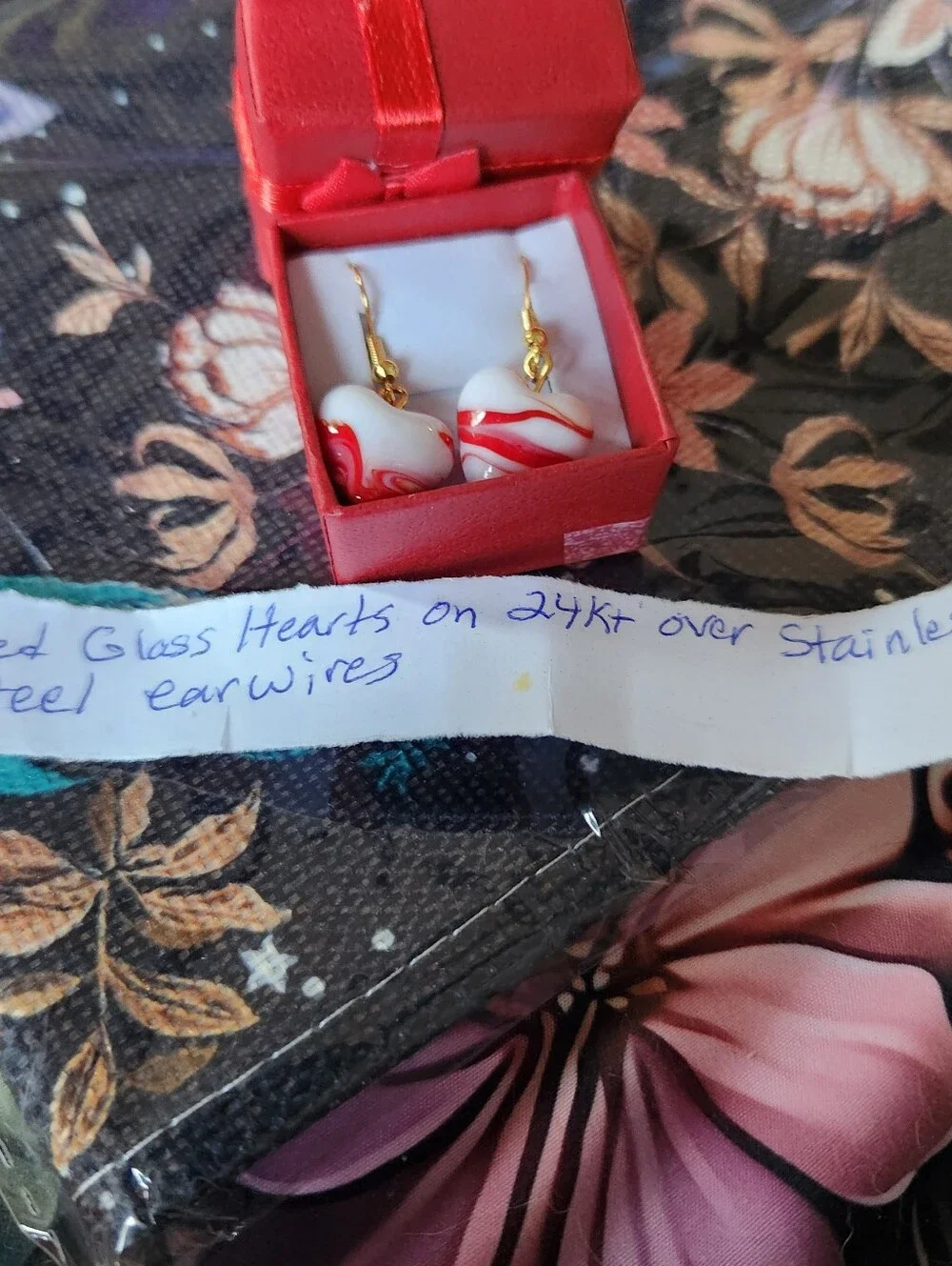 Red Glass Heart Earrings On 24kt Gold Over Stainless Steel Earwires.